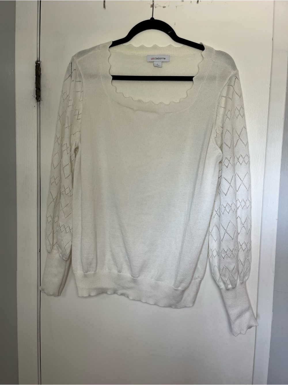 Liz Claiborne White Scalloped Neck Sweater
